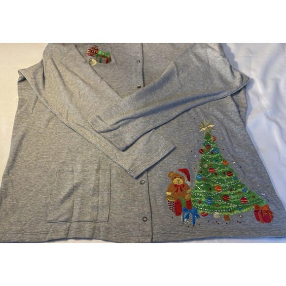 QUAKER FACTORY Embellished Christmas Gray Snap Front Sweatshirt 2X Holiday Tree - Picture 11 of 16